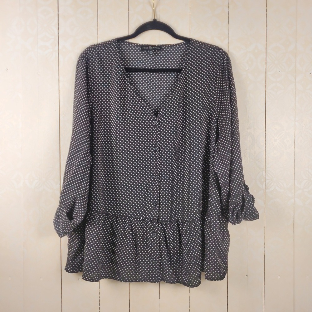 Fred David Blouse Womens 2X Black Polka Dot Excellent Peplum Roll Tab Sleeve